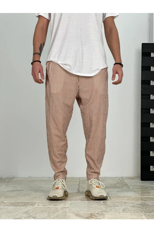Erkek Taba Beyaz Çizgili Beli İp Bağlamalı Düz Kesim Cepli Pantolon Eşofman Altı HZL24S-MXC8948-179
