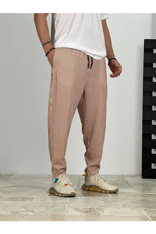 Erkek Taba Beyaz Çizgili Beli İp Bağlamalı Düz Kesim Cepli Pantolon Eşofman Altı HZL24S-MXC8948-179