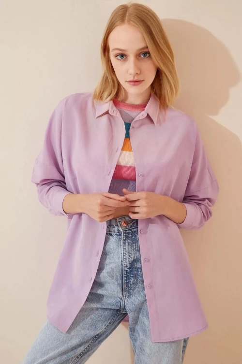 Kadın Açık Lila Oversize Uzun Basic Gömlek  HZL22W-BD139001