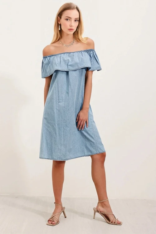 Kadın Açık Mavi Kolsuz Omzu Açık Carmen Yaka Jean Elbise HZL24S-BD114811
