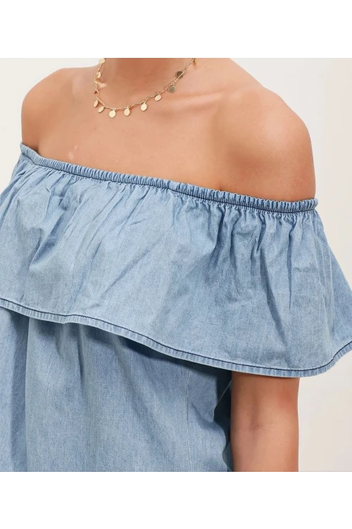 Kadın Açık Mavi Kolsuz Omzu Açık Carmen Yaka Jean Elbise HZL24S-BD114811
