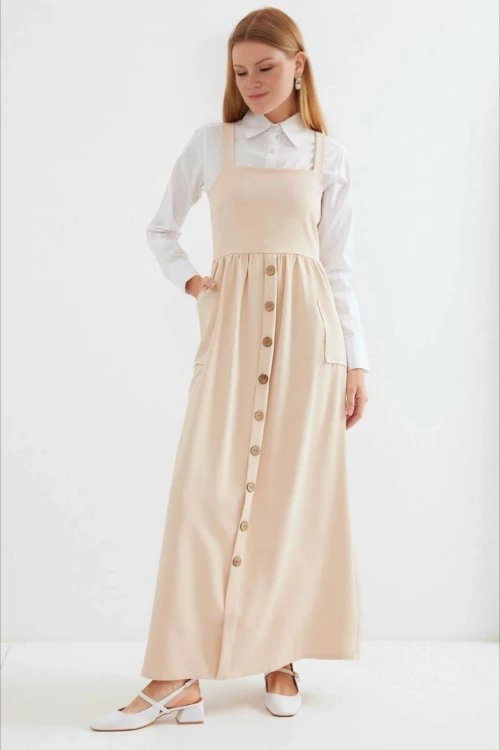 Kadın Bej Askılı Düğme Detaylı Cepli Kuşaklı Uzun Elbise HZL24S-BD124901