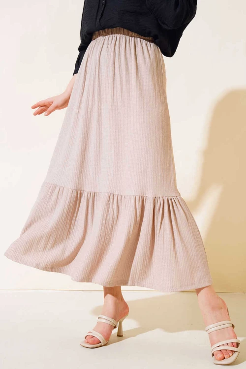 Kadın Bej Beli Lastikli Katlı Uzun Etek HZL23S-BD118861