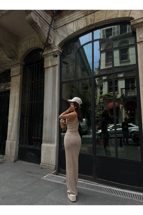 Kadın Bej Bisiklet Yaka Sıfır Kol Yıkamalı Fitilli Uzun Elbise HZL24S-VL1241071