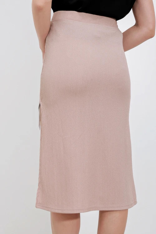 Kadın Bej Yırtmaçlı Püskül Taşlı Beli Lastikli Uzun Etek HZL24S-BD118901