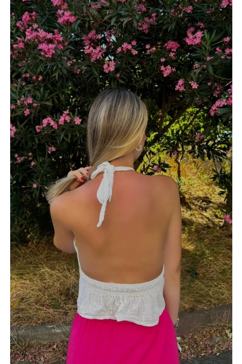 Kadın Beyaz Boyundan Bağlamalı Sırtı Açık Keten Bluz HZL24S-ZK11081