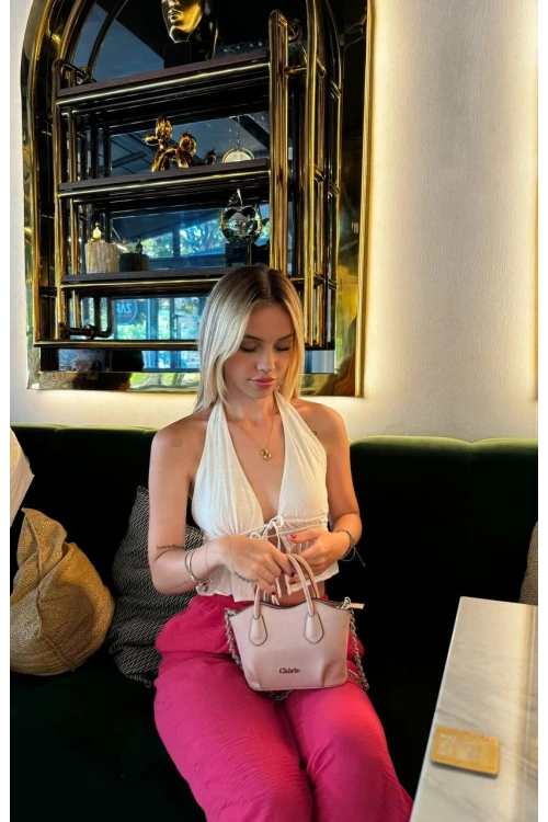 Kadın Beyaz Boyundan Bağlamalı Sırtı Açık Keten Bluz HZL24S-ZK11081