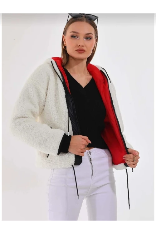 Kadın Beyaz Çift Cepli Fermuarlı İçi Saten Astarlı Rahat Suni Kürklü Peluş Mont HZL24W-BD129391