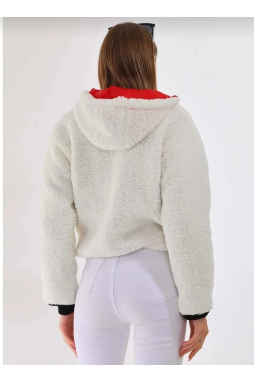 Kadın Beyaz Çift Cepli Fermuarlı İçi Saten Astarlı Rahat Suni Kürklü Peluş Mont HZL24W-BD129391