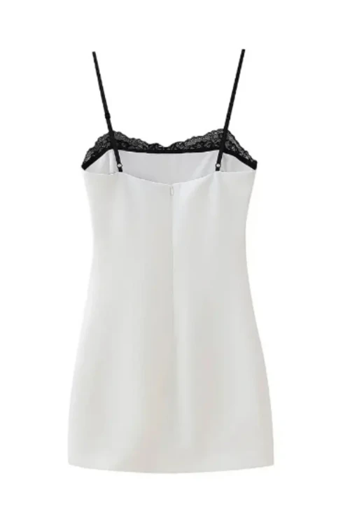 Kadın Beyaz İnce Askılı Dantel Detaylı İthal Atlas Mini Elbise HZL24S-FRY121911