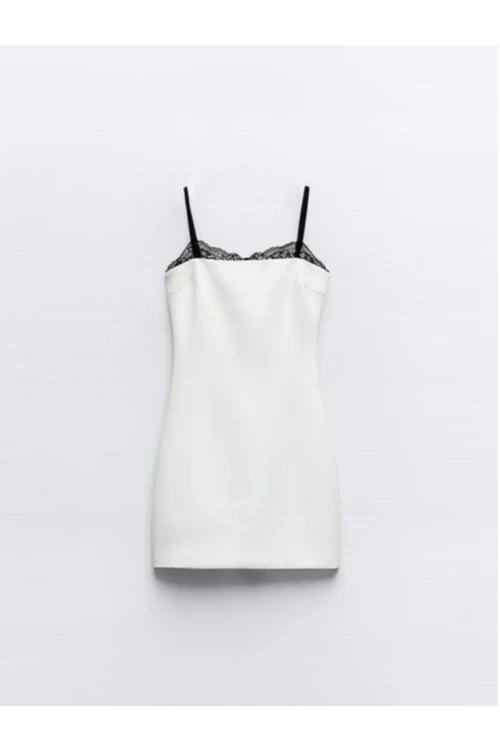 Kadın Beyaz İnce Askılı Dantel Detaylı İthal Atlas Mini Elbise HZL24S-FRY121911