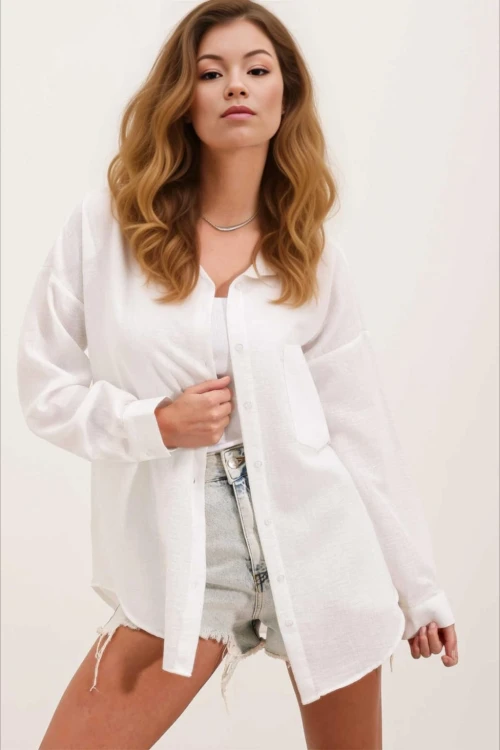 Kadın Beyaz Tek Cepli Oversize Keten Ayrobin Gömlek HZL24S-BD1201531