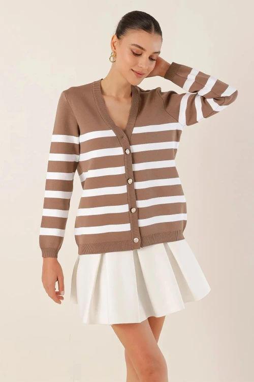 Kadın Bisküvi Çizgili V yaka Rahat Kesim Triko Hırka HZL24W-BD1102151