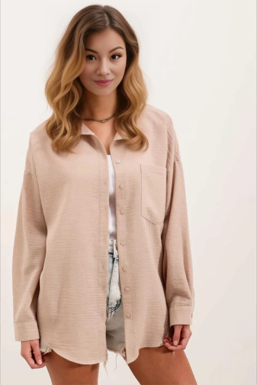 Kadın Bisküvi Tek Cepli Oversize Keten Ayrobin Gömlek HZL24S-BD1201531