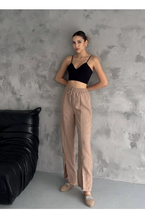 Kadın Bisküvi Lastikli Bel Yırtmaç Detaylı Cepsiz İthal Keten Astarsız Pantolon HZL24S-FRY121941