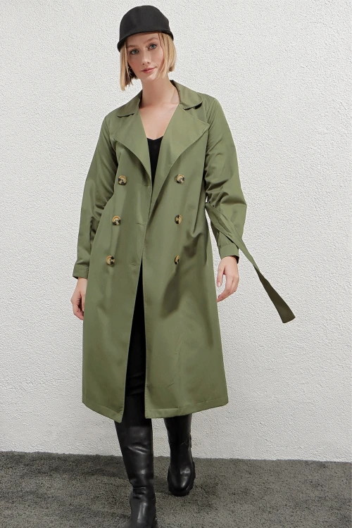 Kadın Çağla Kruvaze Yaka Kemerli Astarsız Mevsimlik Rahat Trençkot  HZL22S-BD158531