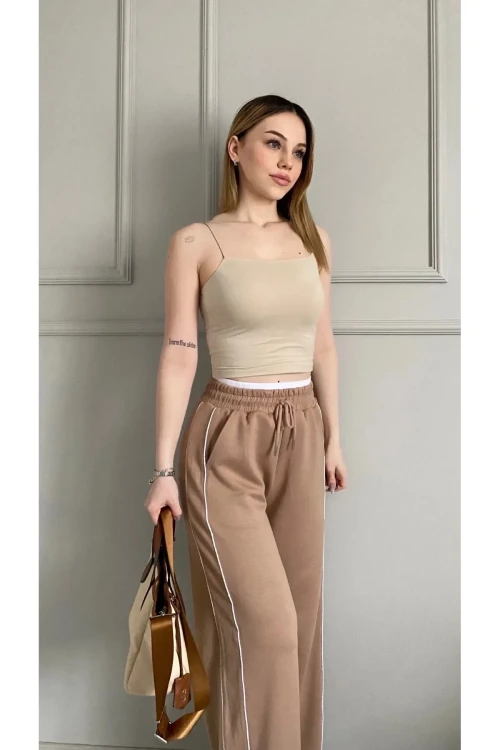 Kadın Camel Cepli Beli Lastikli Kemer Detaylı Şeritli Bol Paça Model Eşofman Altı HZL24S-ZK13001