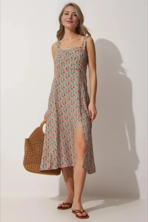 Kadın Çok Renkli Kare Yaka Çiçekli Yazlık Viskon Elbise HZL23S-BD122821