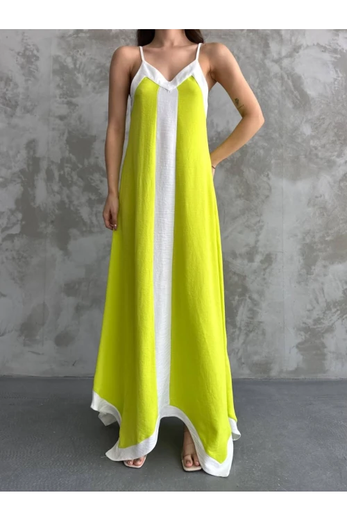 Kadın Fıstık Yeşili Beyaz Detaylı Asimetrik Kesim V Yaka İp Askılı Elbise HZL24S-MJ113041