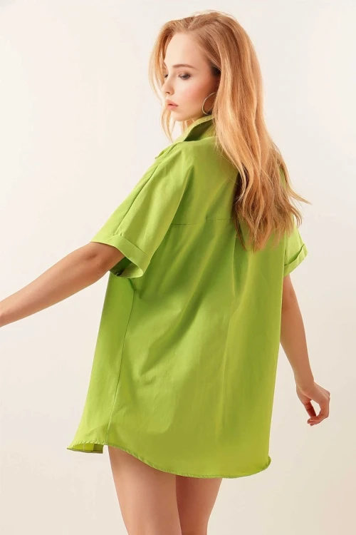 Kadın Fıstık Yeşili Oversize Uzun Kısa Kollu Basic Poplin Gömlek HZL22S-BD1201201