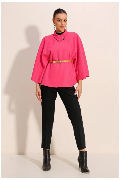 Kadın Fuşya Hakim Yaka Kemer Detaylı Kaşe Panço  HZL24W-BD191341