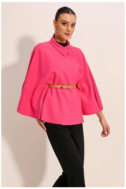 Kadın Fuşya Hakim Yaka Kemer Detaylı Kaşe Panço  HZL24W-BD191341