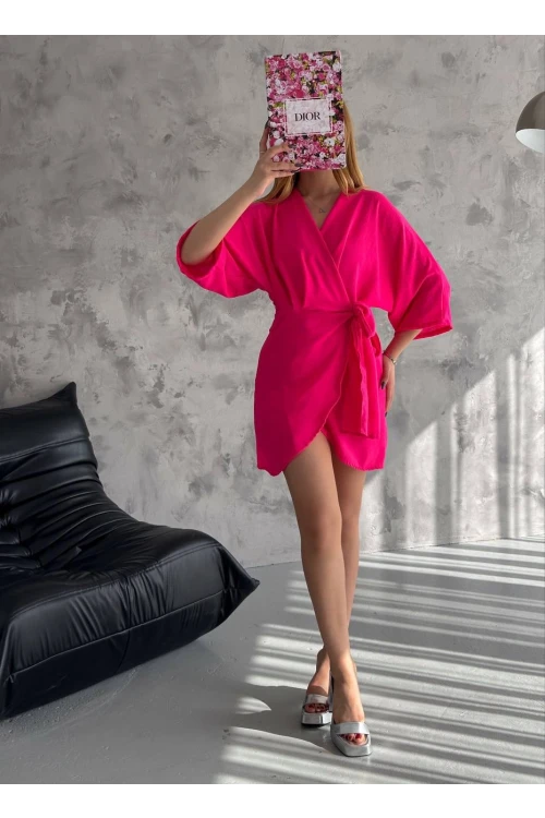 Kadın Fuşya V Yaka Belden Bağlamalı İthal Keten Elbise HZL24S-FRY121501