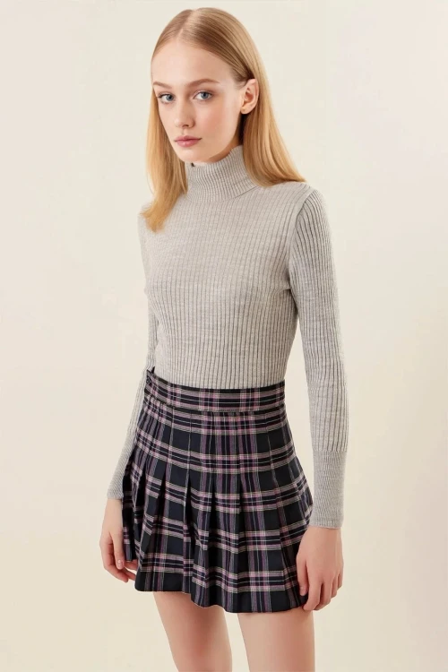 Kadın Gri Boğazlı Fitilli Triko Balıkçı Yaka Kazak HZL22W-BD1445001