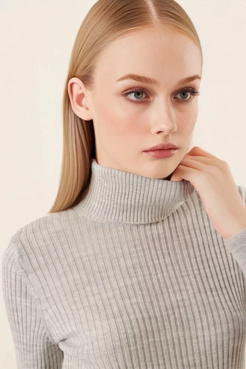 Kadın Gri Boğazlı Fitilli Triko Balıkçı Yaka Kazak HZL22W-BD1445001