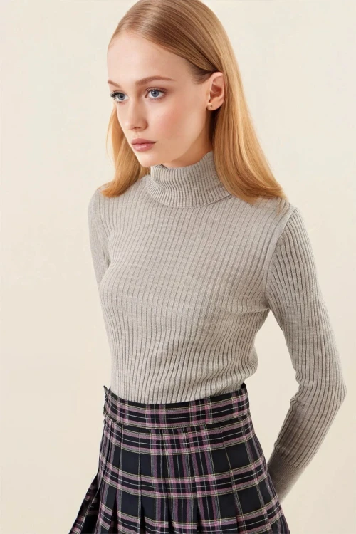 Kadın Gri Boğazlı Fitilli Triko Balıkçı Yaka Kazak HZL22W-BD1445001