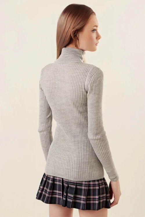 Kadın Gri Boğazlı Fitilli Triko Balıkçı Yaka Kazak HZL22W-BD1445001