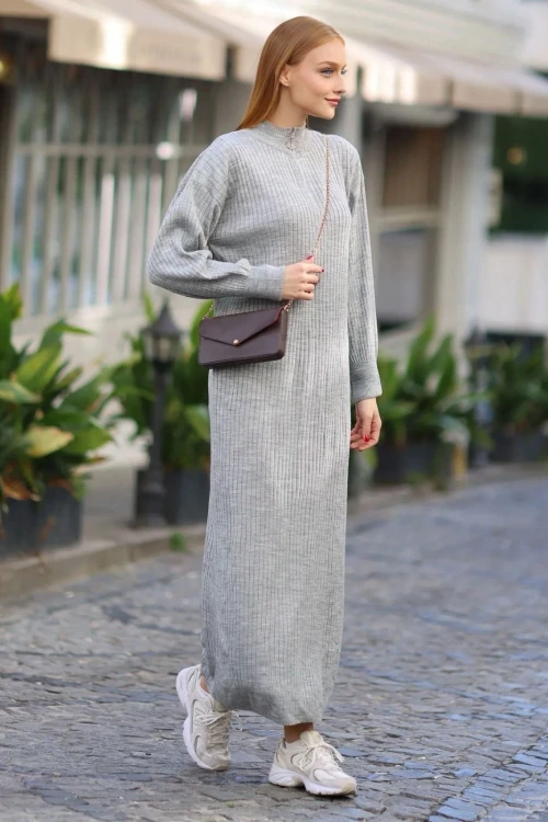 Kadın Gri Fermuarlı Yaka  Fitilli Triko Boydan Elbise HZL24W-BD1102271