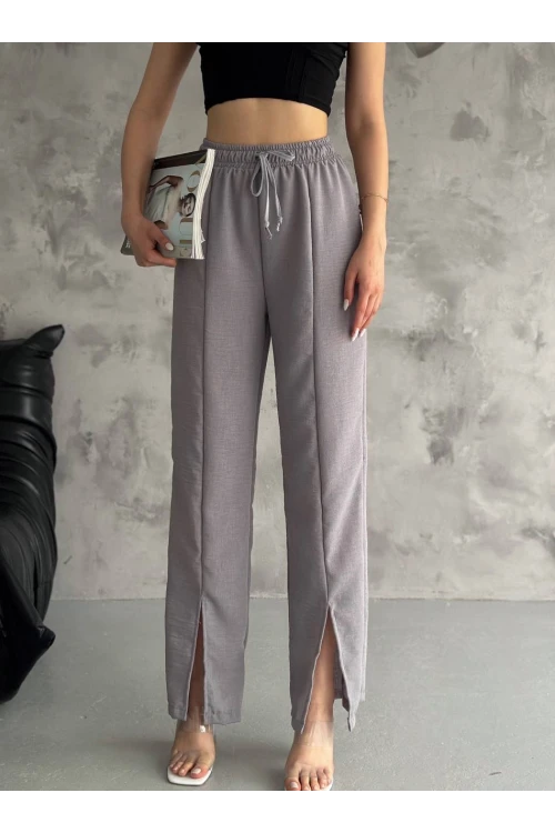Kadın Gri Lastikli Bel Yırtmaç Detaylı Cepsiz İthal Keten Astarsız Pantolon HZL24S-FRY121941