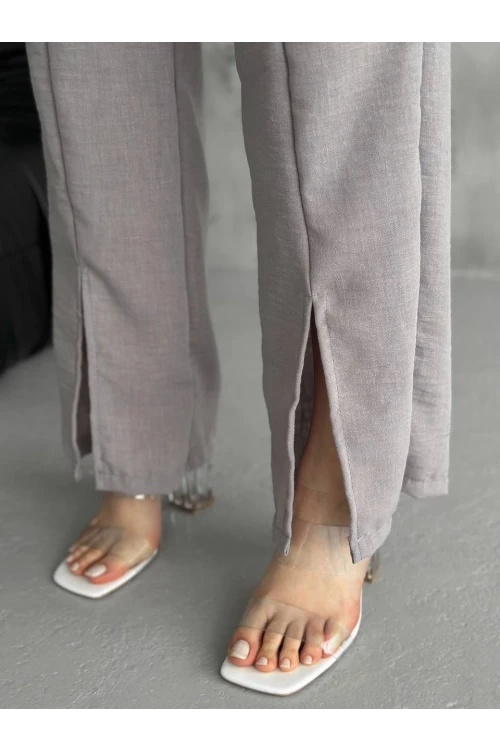 Kadın Gri Lastikli Bel Yırtmaç Detaylı Cepsiz İthal Keten Astarsız Pantolon HZL24S-FRY121941