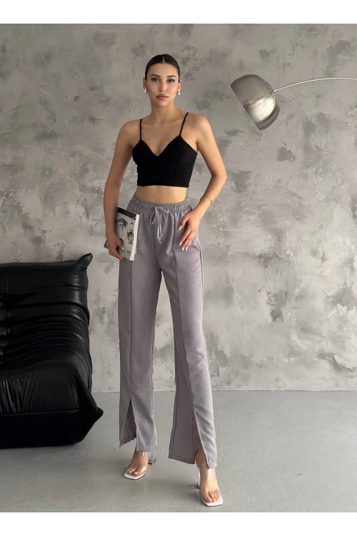 Kadın Gri Lastikli Bel Yırtmaç Detaylı Cepsiz İthal Keten Astarsız Pantolon HZL24S-FRY121941