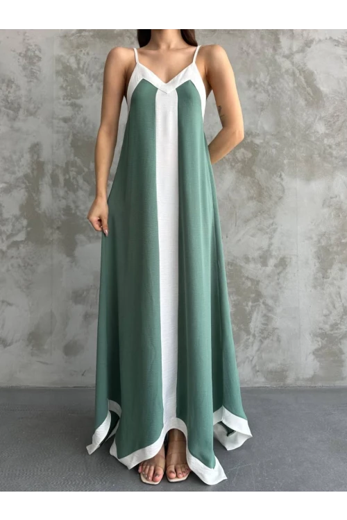 Kadın Haki Beyaz Detaylı Asimetrik Kesim V Yaka Ayarlanabilir İp Askılı Elbise HZL24S-MJ113041