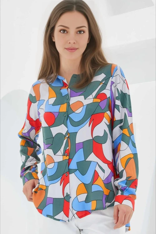 Kadın Haki Gri Mavi Kırmızı Geometrik Desenli Uzun Kolllu Oversize Viskon Gömlek HZL24S-BD1202251