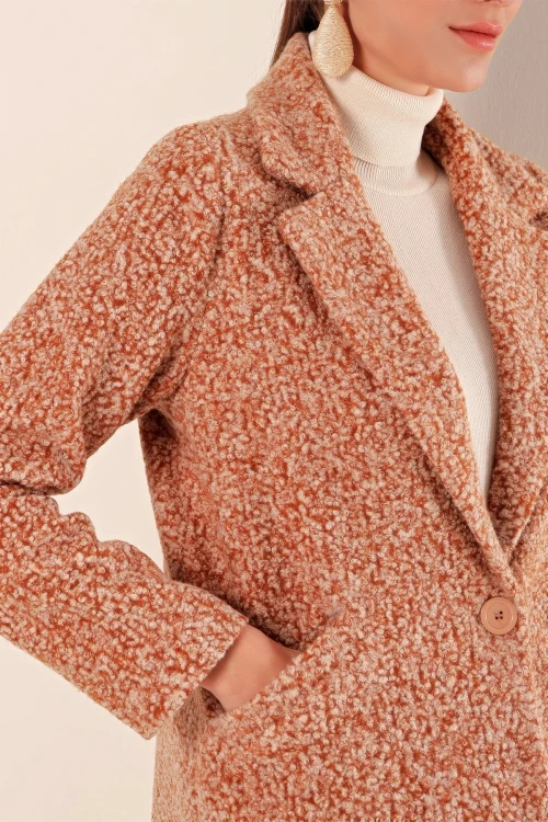 Kadın Kırçıllı Camel Tek Düğmeli Çift Cepli Astarlı Buklet Kaşe Kaban HZL22W-BD190821