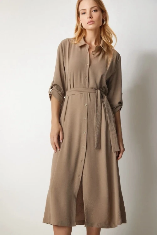 Kadın Krem Gizli Cepli Kuşaklı Viskon Gömlek Elbise HZL24S-BD124421