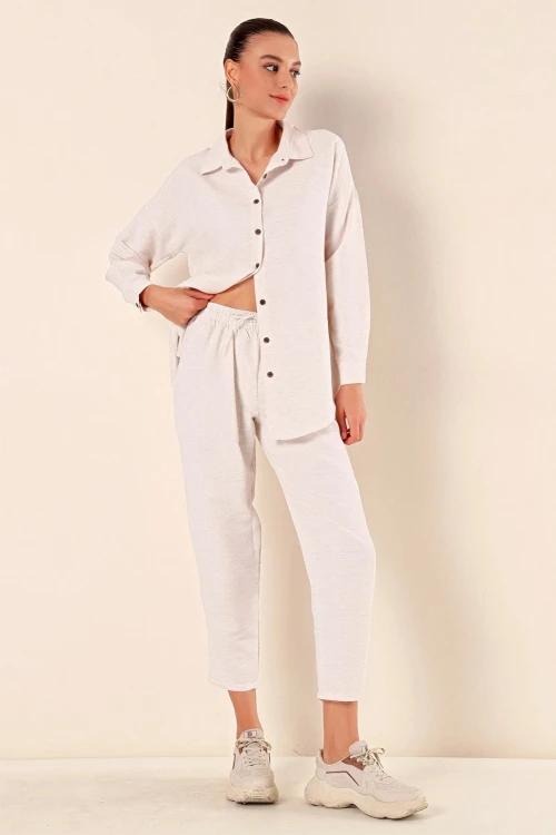 Kadın Krem Keten Gömlek Pantolon  Alt-Üst İkili Takım HZL23W-BD166221