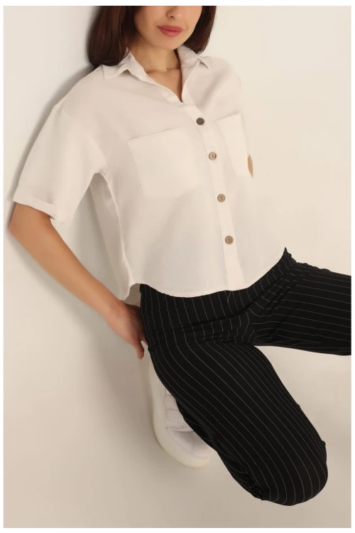 Kadın Krem Kısa Kollu Oversize Çift Cepli Keten Gömlek HZL24S-BD1201801