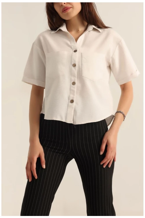 Kadın Krem Kısa Kollu Oversize Çift Cepli Keten Gömlek HZL24S-BD1201801