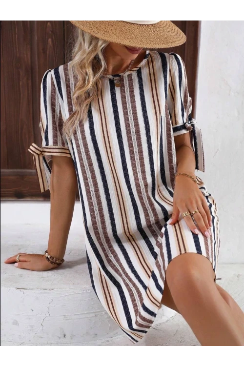 Kadın Krem Lacivert İthal Keten Baskılı Bisiklet Yaka Astarsız Elbise HZL24S-FRY121011