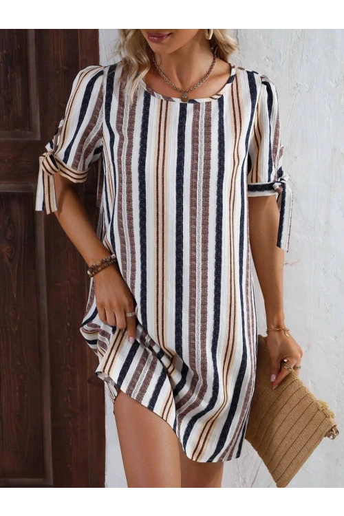 Kadın Krem Lacivert İthal Keten Baskılı Bisiklet Yaka Astarsız Elbise HZL24S-FRY121011