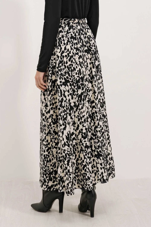 Kadın Krem Siyah Desenli Astarsız Beli Lastikli Midi Boy Etek HZL24S-BD180031