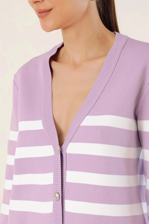 Kadın Lila Çizgili V yaka Rahat Kesim Triko Hırka HZL24W-BD1102151