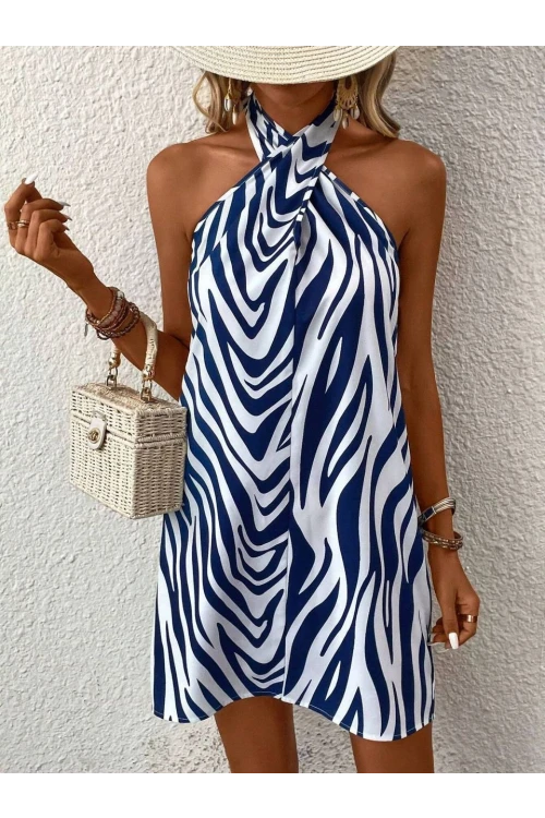 Kadın Mavi Beyaz Boyundan Bağlamalı Mosskrep Dijital Baskılı Astarsız Mini Elbise HZL25S-FRY120971