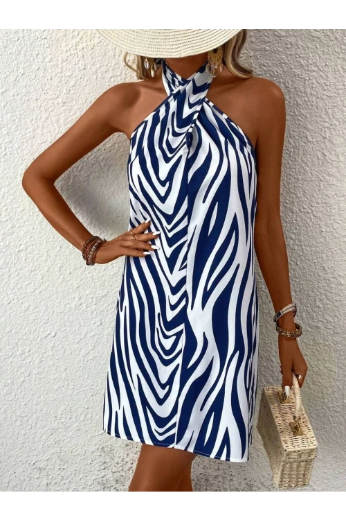 Kadın Mavi Beyaz Boyundan Bağlamalı Mosskrep Dijital Baskılı Astarsız Mini Elbise HZL25S-FRY120971