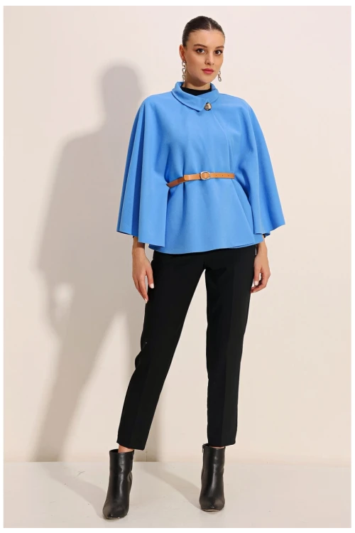 Kadın Mavi Hakim Yaka Kemer Detaylı Kaşe Panço  HZL24W-BD191341