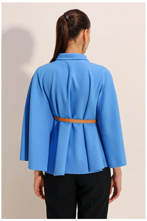 Kadın Mavi Hakim Yaka Kemer Detaylı Kaşe Panço  HZL24W-BD191341
